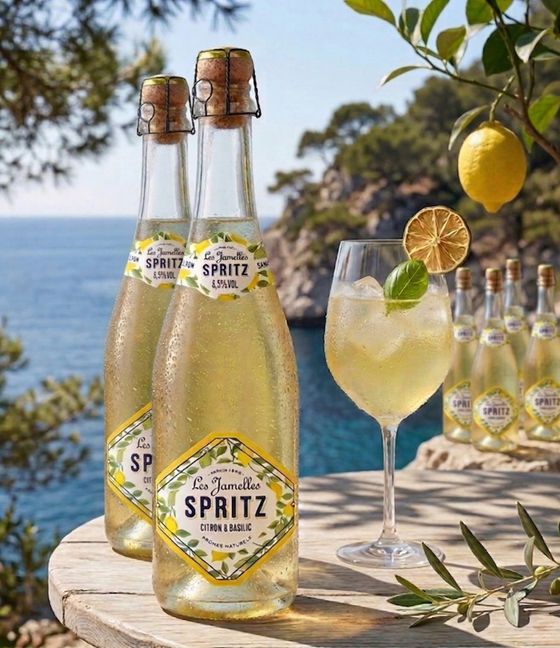 Les Jamelles Spritz Citron & Basilic aus Frankreich – frischer Aperitif auf Weinbasis mit Zitrone und Basilikum aus dem Languedoc.