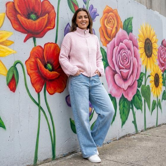 goldmarie Zip Strickjacke LOVE PEACE MOIN - gestreift - rosa-weiß 