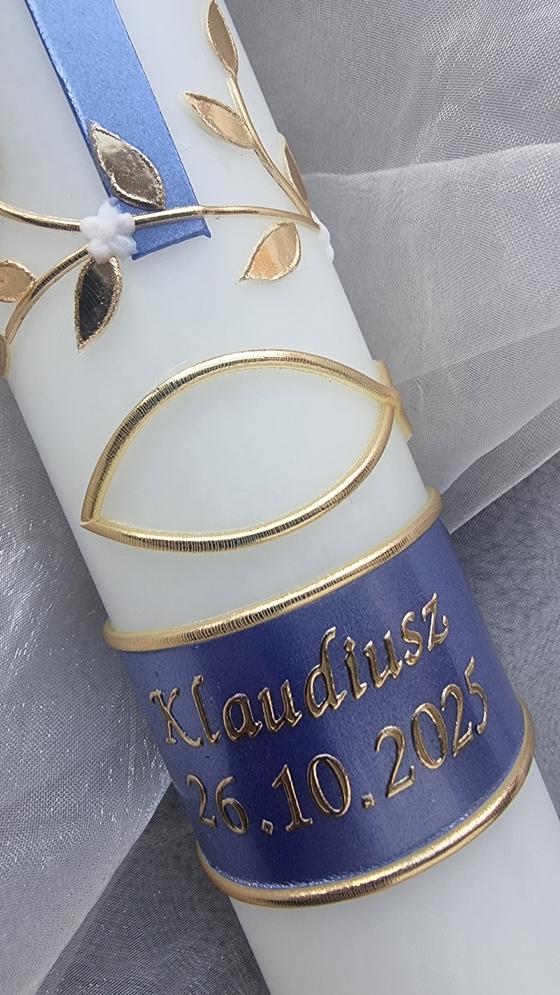 Taufkerze 400/40 mm dunkelblau/gold TK048
