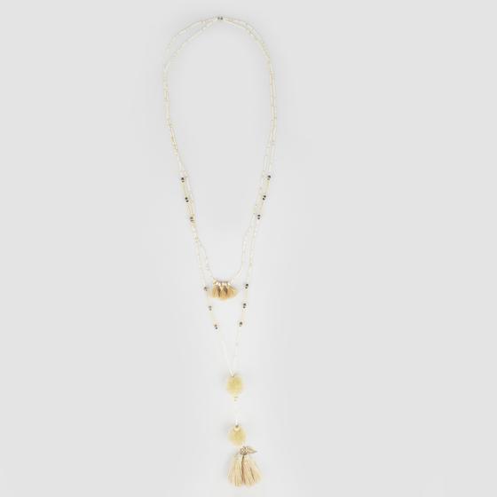 goldmarie Perlenkette DUO mit Pompom und Fransen creme-beige-gold