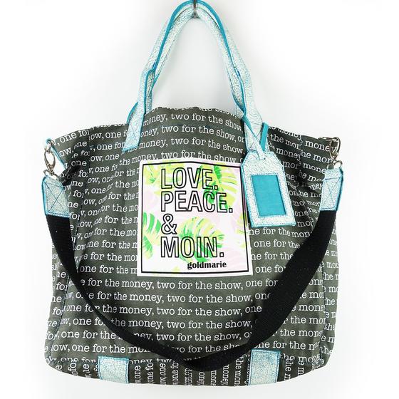 goldmarie Shopper LOVE PEACE MOIN Floral Applikation - OFTM Print - dunkelgrau-türkis-weiß - 50x39cm