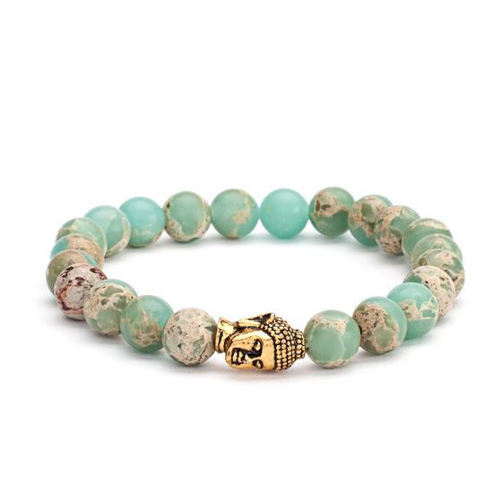 Mala Armband mit pastellfarbenem Serpentin, mit Anhänger "Buddhakopf"