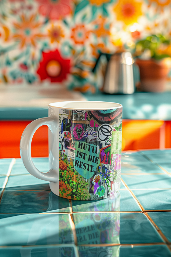 Berlin Streetart Desing in Bunt Kaffetasse mit sprüchen wie Mutti ist die Beste