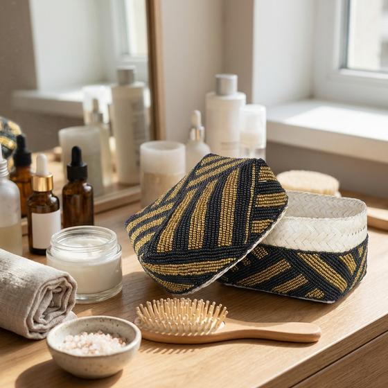 goldmarie Perlen Box BALI natur-gold-schwarz 12x17cm