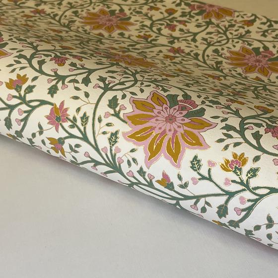 Baumwoll-Papier, Blockdruck-Blüten (rosa/gold)