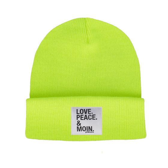 goldmarie Beanie Mütze LOVE PEACE MOIN - neon gelb