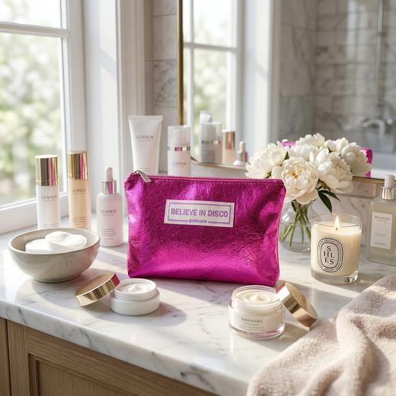 goldmarie Kosmetiktasche Clutch I BELIEVE IN DISCO - Leder pink metallic - 13x21cm