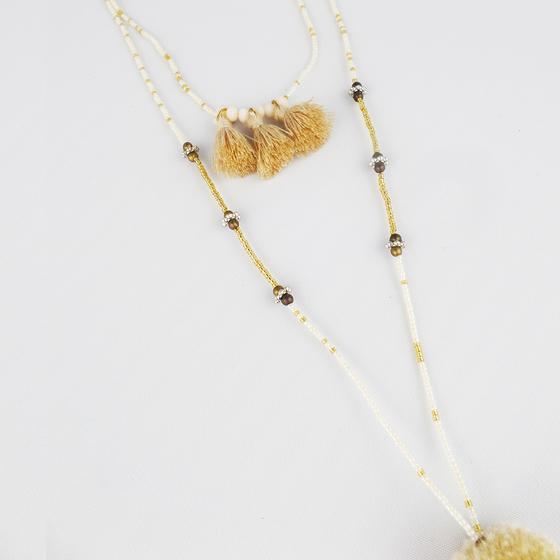 goldmarie Perlenkette DUO mit Pompom und Fransen creme-beige-gold