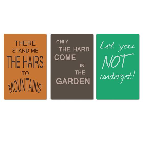 Magnet-Set mit 3 Denglisch-Magneten, orange, anthrazit, grün - There stand me the hairs to mountains, Only the hard come in the garden, Let you not underget