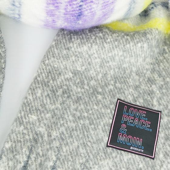 goldmarie Schal LOVE PEACE MOIN - mit Fransen und Streifen - grau-lavendel-bunt