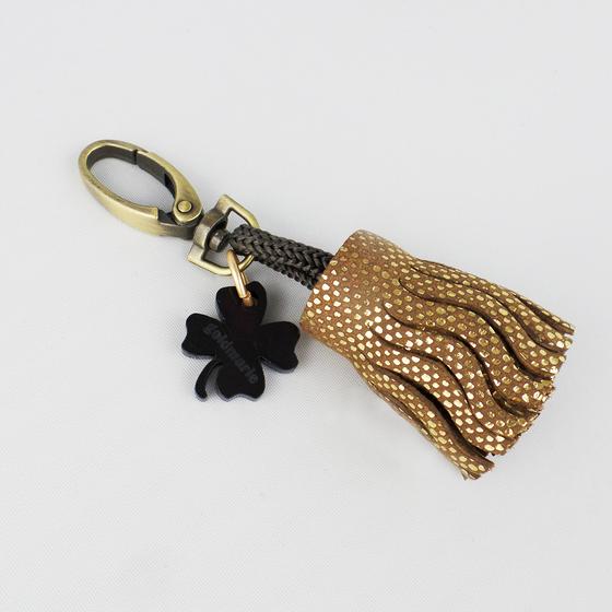 goldmarie Schlüsselanhänger Leder-Bommel mit Kleeblatt braun-gold