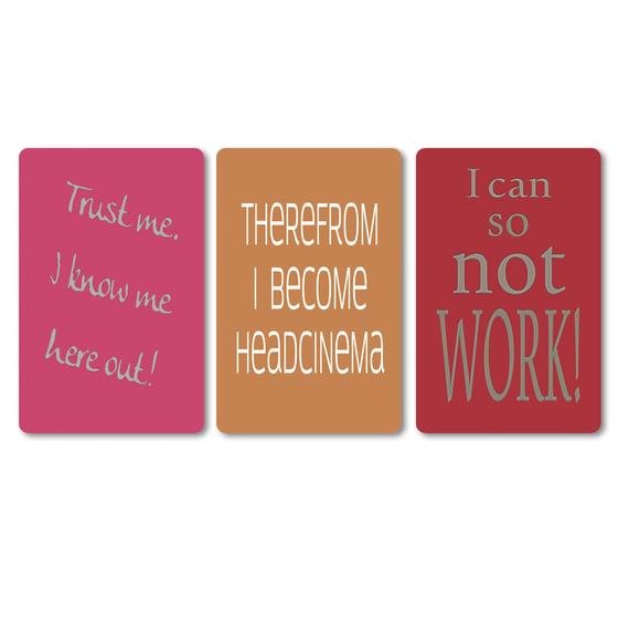 Magnet-Set mit 3 Denglisch-Magneten, pink, nougat, apfelrot - Trust me, I know me here out - Therefrom I become headcinema - I can so not work
