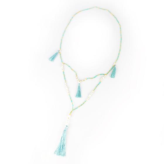 goldmarie Perlenkette MANUE mit Fransen-Quast - weiß-blaugrün-mint-gold