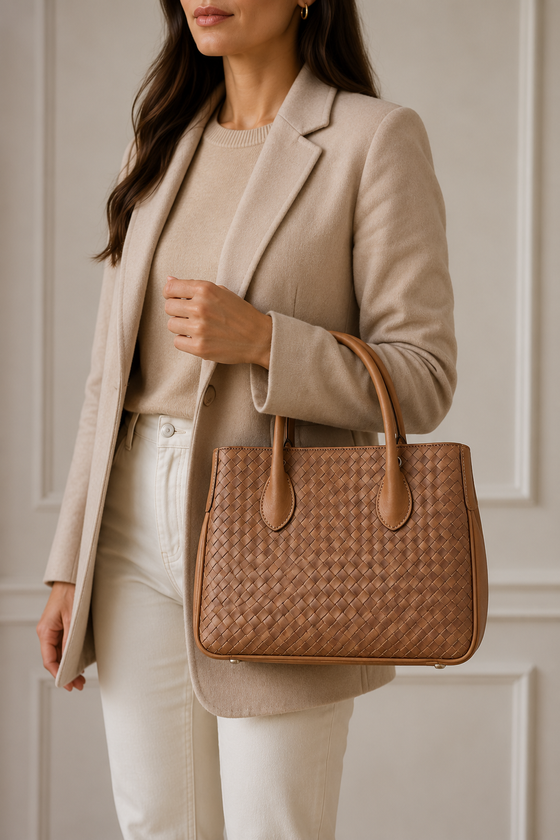 Maxima Handtasche im Flechtmuster klein, biscotto, cognac