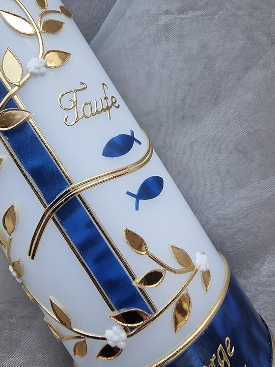 Edle Taufkerze blaumeliert/gold  TK026