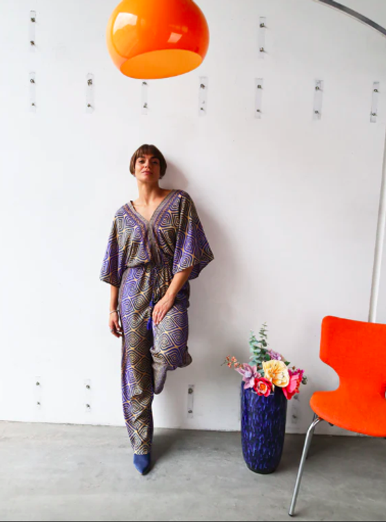 BLACK COLOUR Jumpsuit mit Doppel V-Ausschnitt 39152-BJ  - royal blau-senf