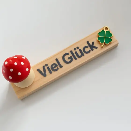 Handgefertigter Glücksbringer aus Holz mit Glückspilz und gold-grünem Kleeblatt von Kreativ Geschenke Villach