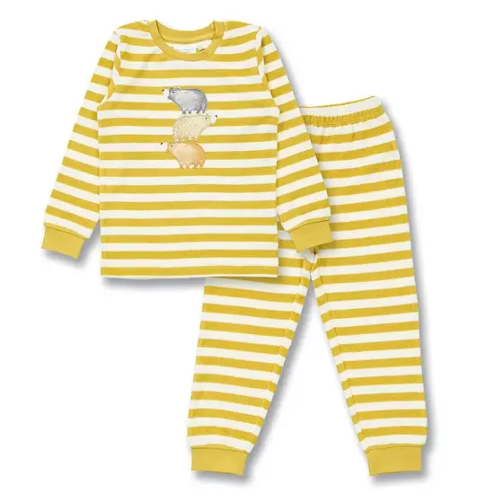 Sense Organics Pyjama Frottee Long John Senfgrau Weiß Geringelt