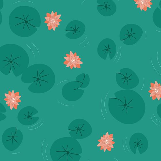 Cloud9 Fabrics Down the River von Mel Armstrong – Bio-Baumwollstoff mit Naturmotiven, Reihern, rosa Ottern und Seerosen in harmonischen Grün-, Türkis- und Rosatönen.