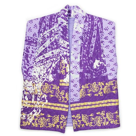goldmarie Lilac Stepp Weste LOVE PEACE MOIN - Nr. 2 - Vintage-Stoff Recycelt - upcycling Einzelstück - lavendel-goldgelb