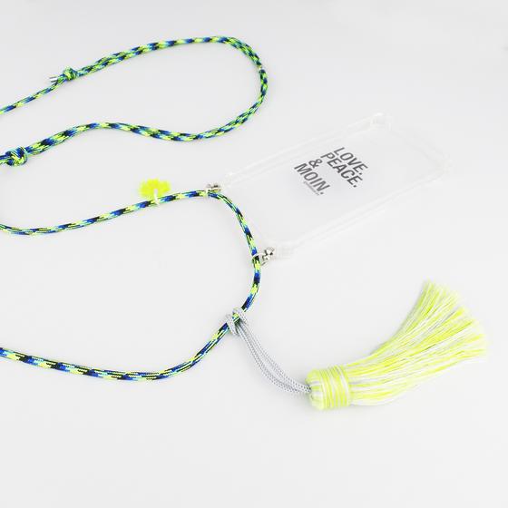 goldmarie Handykette HAMBURG KLEEBLATT BABE blau-lemon mit Fransenbommel 