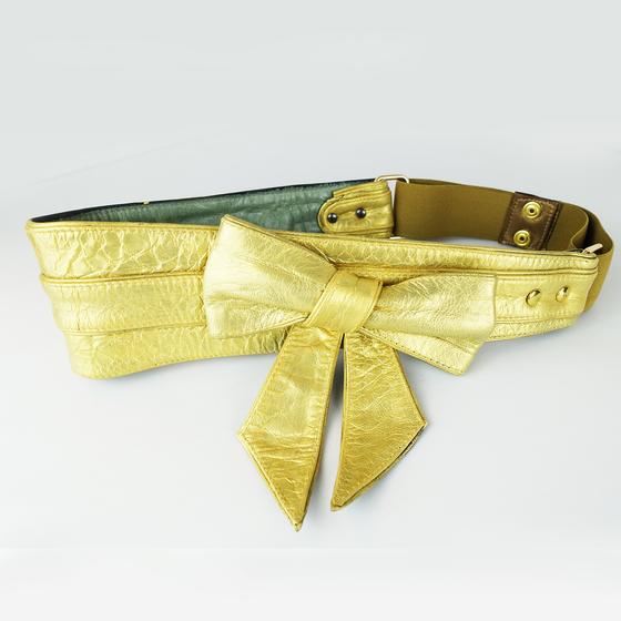 goldmarie Taillengürtel SCHLEIFE - Painted Edition - Leder - Gummizug-Element - vintage goldgelb-graugrü