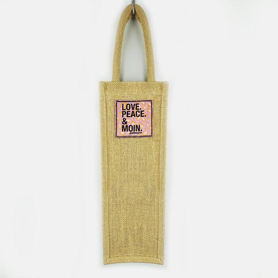 goldmarie Sekt- und Weinflaschentasche LOVE PEACE MOIN Leo Look Label - Jute - natur