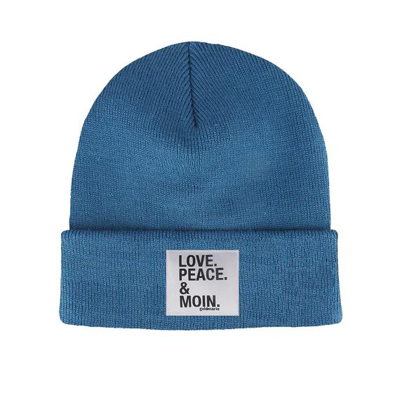 goldmarie Beanie Mütze LOVE PEACE MOIN - taubenblau