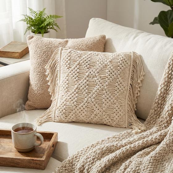 goldmarie Deko Kissenbezug MACRAMEE Baumwolle creme-natur 40x40cm