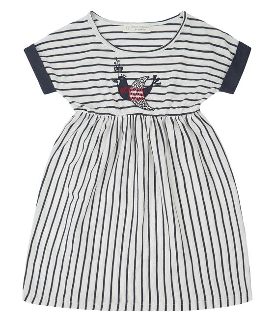 Kleid "Flavia", gestreift mit aufgesticktem Vögelchen-Motiv, Biobaumwolle