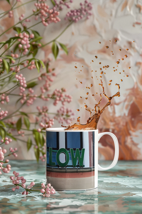 S-Bahnhof Mahlow Kaffeetasse grüne Schrift auf Bahnhofgebeude mit Fenstern dahinter