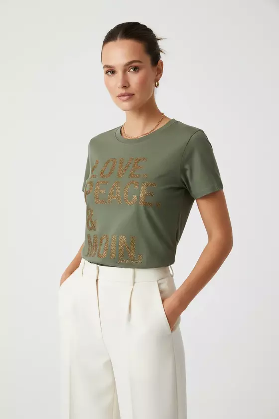 goldmarie LOVE PEACE MOIN T-shirt Susi dunkelgrün-brass mit Glitzer 