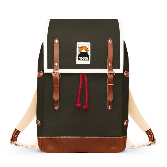 Ykra Matra BIG Khaki Leather Strap, Leather Bottom, two side pockets Backpack