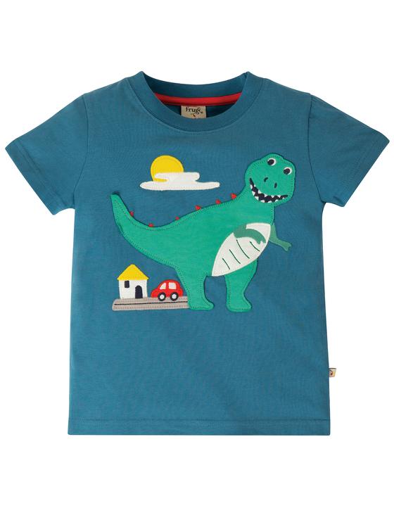 T-Shirt mit Applikation "Dino in Town", blau, Biobaumwolle