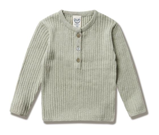 Puri Organic Strickpullover Henley Rippe Salbei