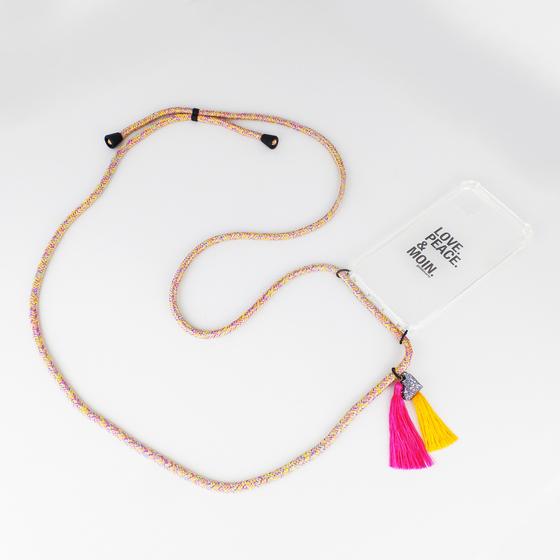 goldmarie Handykette HERZ BABE gelb-pink-bunt doppel Fransenbommel 