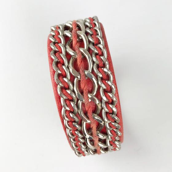 goldmarie Lederarmband Chain Kettenverzierung rot-silber
