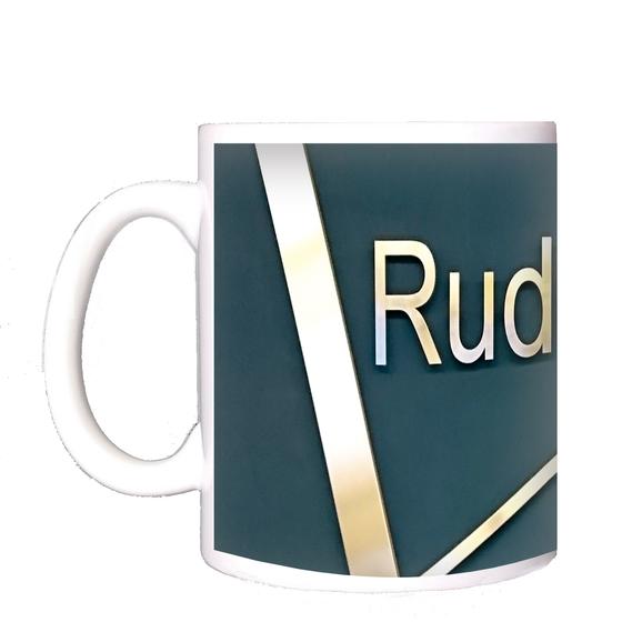 U-Bahnhof Rudow Kaffeetasse - silber-goldene Lettern auf dunkelblauem Hintergrund mit silber-goldenen Streben