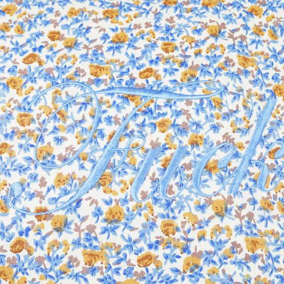 goldmarie Kissenhülle SLEEP & FUCK - Blumen Muster - weiß-hellblau-ocker-gelb - 40x40cm