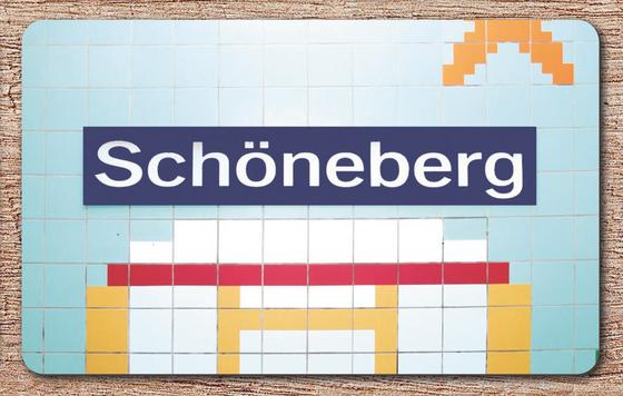 S-Bahnhof Schöneberg S-Bahn Souvenir Frühstücksbrettchen  Berlin - blauer Schild mit weißer, schlichter Schrift auf einem bunten Fliesenhintergrund mit Formen