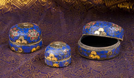 Mamallapuram, blau, 3er-Set Steindöschen, Weißmetall