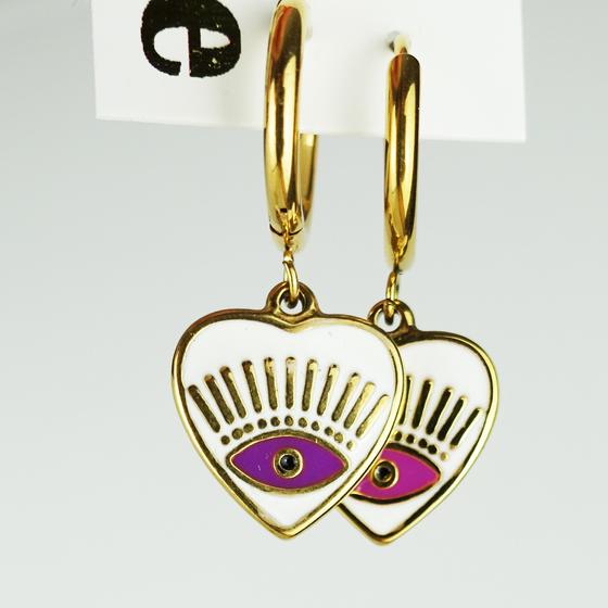 goldmarie Ohrringe HERZ mit AUGE - Stahl - gold-weiß-pink