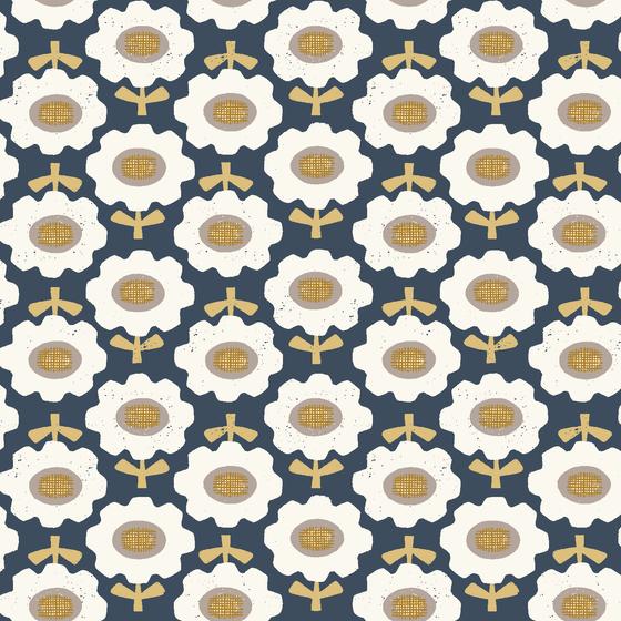 Fox & Flutter von Loes van Oosten für Cotton + Steel mit modernen grafischen Waldmotiven wie dem Square Fox in ruhigen Denimblau-, Rosé- und Grautönen. Ideal für besondere Taschen, Accessoires und Kleidung.