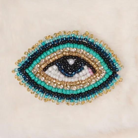 By Vivi. Brosche AUGE Evil Eye - für Slipper, Kleidung, Taschen und mehr - petrol-gold-bunt