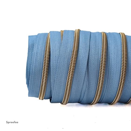 Endlos Reißverschluss stahlblau altmessing metallisiert für Taschen nähen Made in Germany