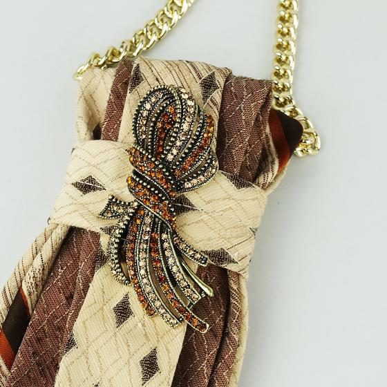 goldmarie Schmuck-Krawatte mit Strass-Schleife - Vintage Krawatte recycelt - braun-creme - upcycling Unikat