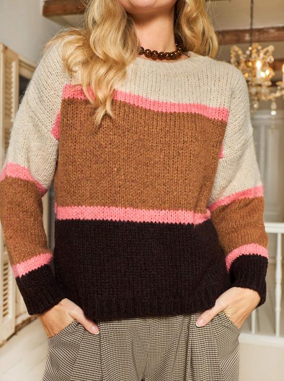 BLACK COLOUR Pullover BCHILDUR 1234-CA - kamel-neon-pink-creme-kaffee gestreift