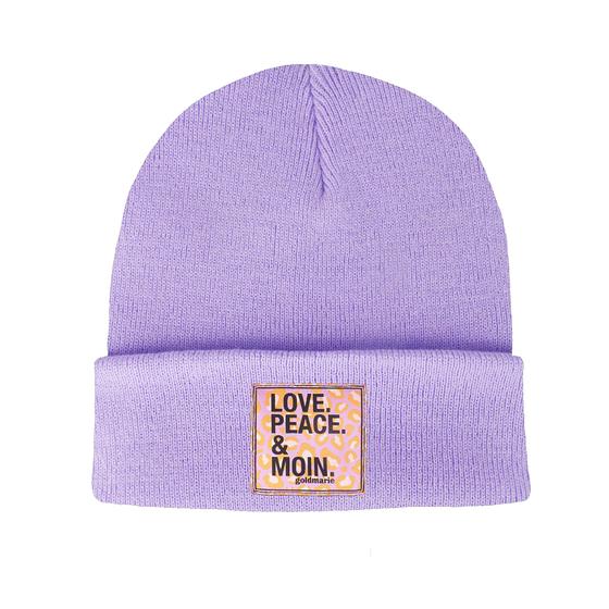 goldmarie Beanie Mütze LOVE PEACE MOIN mit lilac Leo Applikation - flieder
