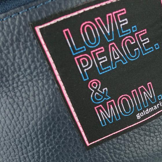 goldmarie XL Gürteltasche LOVE PEACE MOIN Neonschrift Leo - Leder - dunkelblau