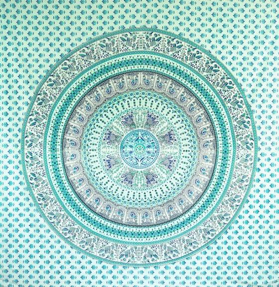 Boho-Style Wandbehang, indische Tagesdecke Mandala Druck - grün/türkis